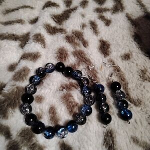 Handmade pretty dark blue and blue colored two peice glass beaded jewelry set